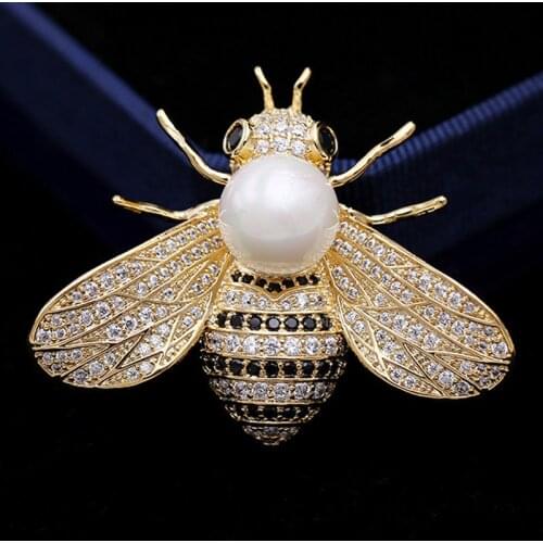 Luxury Brand Pearl Bees brooches jewelry for men Fine Copper pin brooch mens wedding hijab pins cubic zircon broches accessory