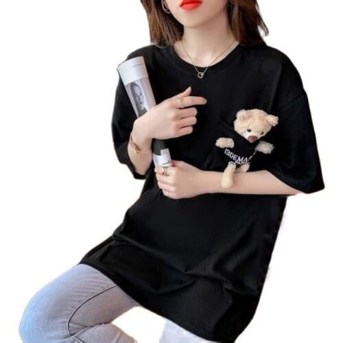Korean Fashion Bear Doll T-Shirt Girl Cute Tops Clothes Cotton O-Neck Black White Tee Shirt Women Harajuku Kawaii Streetwear