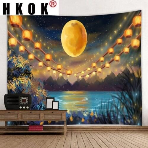 HKOK Cartoon Moon Flower River Natural Landscape Tapestry Hanging Covering Rugs Background Cloth Beach Mat Blanket Art Home Deco