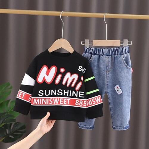Ins 2021 Children Words Print Outfit Spring Mini Sunshine top+jean pant set Autumn Boy and girls Sport Suit Tracksuit ST20018