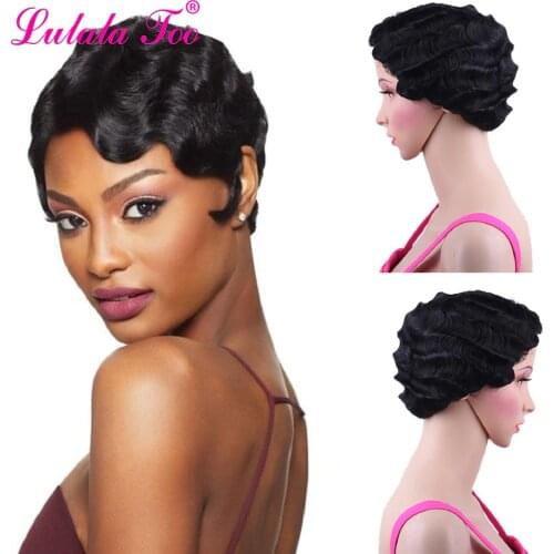 Short Red Finger Wave Wig Brown Blonde Curly Synthetic Wigs For Black Women Heat Resistant African American Pixie Cut Mommy Wig