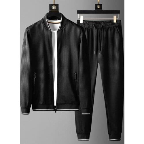 Classic Black Stripe Mens Sets 2-piece High Quality Stand Collar Casual Sport Male Sweatshirts Fashion Slim Fit Man Pants 3XL