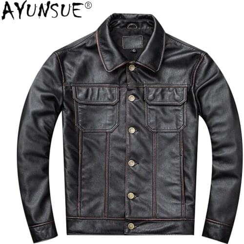 High Quality Men Leather Jacket Vintage Button Motorcycle Jackets Fashion Cowhide Coats Streetwear Chamarras Para Hombre WPY3735
