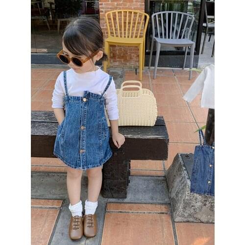 Baby Girls Summer T shirt +Denim Jean Dress 2Pcs Clothing Set Kids Blouse+ Strap Dress Outdoor Tracksuit Children Clothes 1-10Y