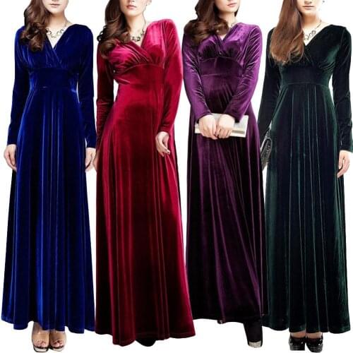 70% Hot Sell Vintage Women Autumn Long Sleeve V Neck Pleated Velvet Banquet Party Maxi Dress