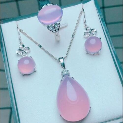 Trendy 925 Sterling Silver Jewelry Set Women Water Shape Natural Chalcedony Charm Pendants Necklaces Earrings LOVE Annivers