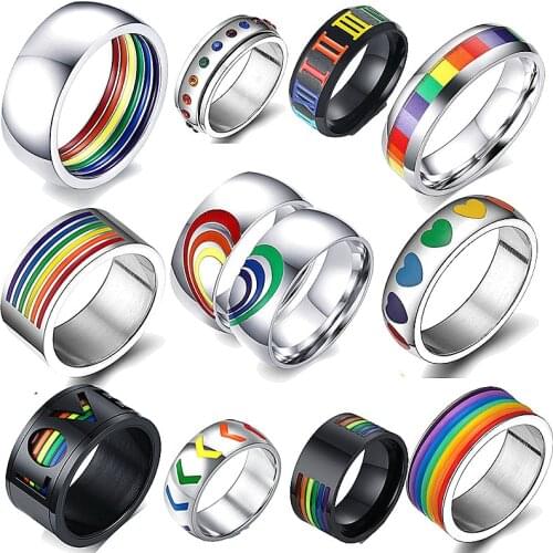 Mens Womens Rainbow Colorful LGBT Ring Stainless Steel Wedding Band Lebian & Gay Rings Drop Shipping