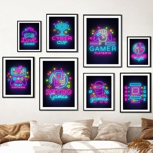 Wall Art Canvas Painting Retro Gamer Trophy Game Console Neon Lights Nordic Posters And Prints Wall Pictures Gaming Room Decor
