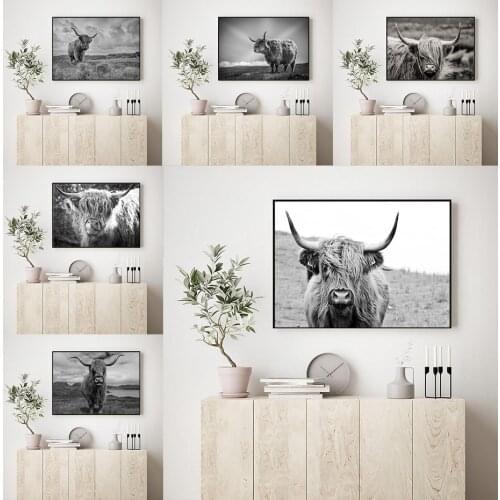 Black and White Animals Wall Art Print Scottish Highland Cow Canvas Painting Posters and Picture Print Living Room Home Decor