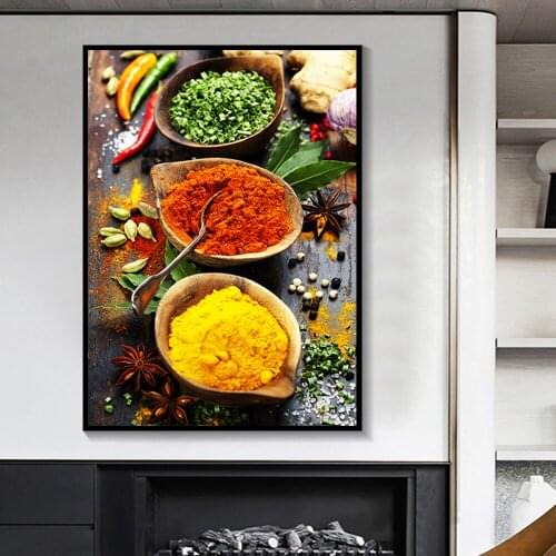 Chili Powder Curry Powder and Spring Onions Canvas Painting Seasoning Picture Wall Pictures For Dining Room Decoration Unframed