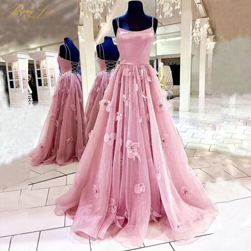 Pink Prom Dresses 2021 A line Long Tulle Gown Flowers Evening Dress Floral Girl Formal Gown Pleat Spaghetti Straps Gown Beaded