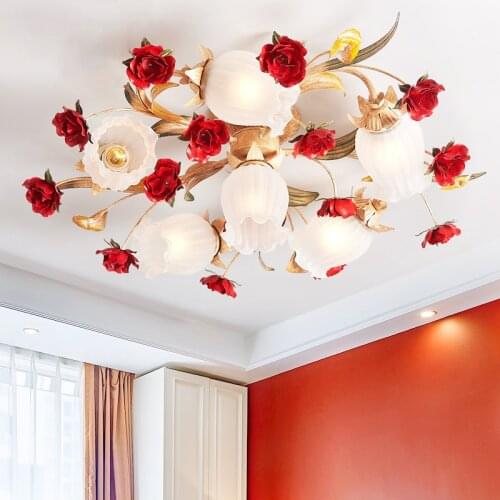 Wedding Hanging Chandeliers American Plant Red Rose Flower Modern Chandelier Lighting Led Chandelier For Living Room Girls Room