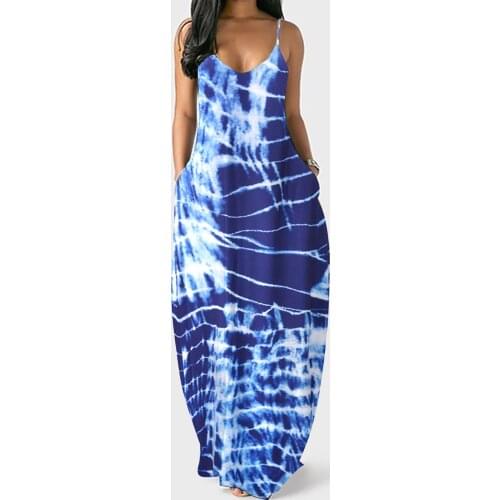 Tie dye Summer Long Dress Sexy Loose Spaghetti Strap Womentie Loose Casual Summer Print Pocket Sling Sleeveless Dress Платье