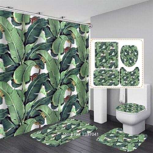 3D Digital Printing Garden Flowers and Green Leaves Waterproof Shower Curtain Non-slip Waterproof Bath Mat Toilet Lid Cushion
