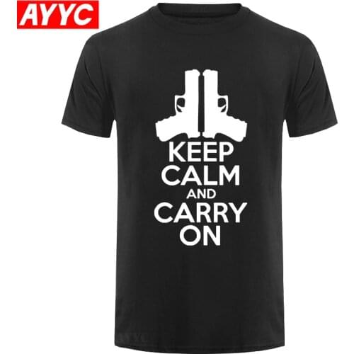Funny Keep Calm And Carry On Cartoon Gun Print T Shirt Men 100% Cotton T shirts Summer Tee Tshirt Tops