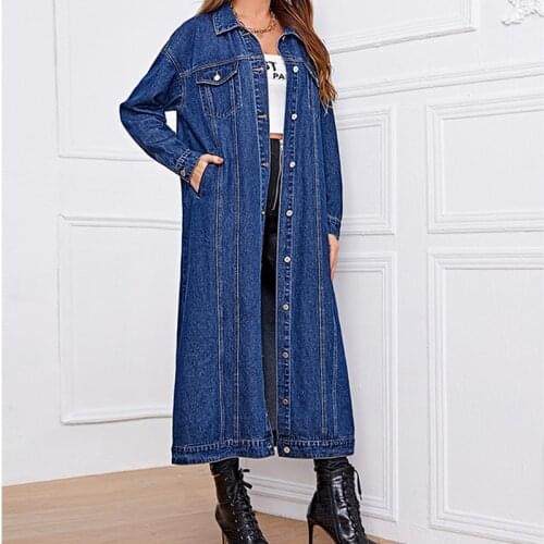 Womens jeans jacket fashion trend elegant solid color long-sleeved slim X-L long denim jacket windbreaker 2021 new spring