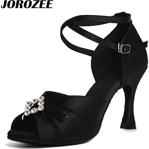 JOROZEE Black Satin Latin Dance Shoes Big Rhinestones Women Squre Salsa Party Ballroom Dancing Shoes Cuba Heel 9cm Soft Outsole