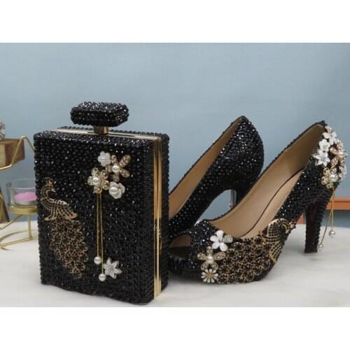 BaoYaFang Open Toe Black crystal Peacock Party Dress Wedding shoes Bride woman High heel platform shoes Ladies Female Pumps