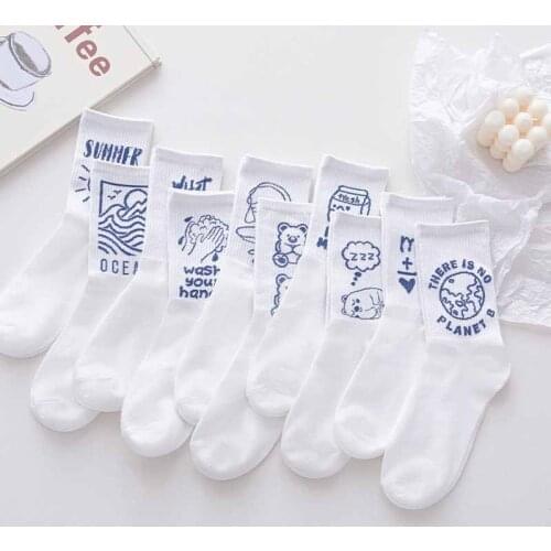 Women Letter Vintage Patterned Harajuku Socks Fashion Funny Skateboard Cool Socks Female Casual Cotton Short Hipster Sox White