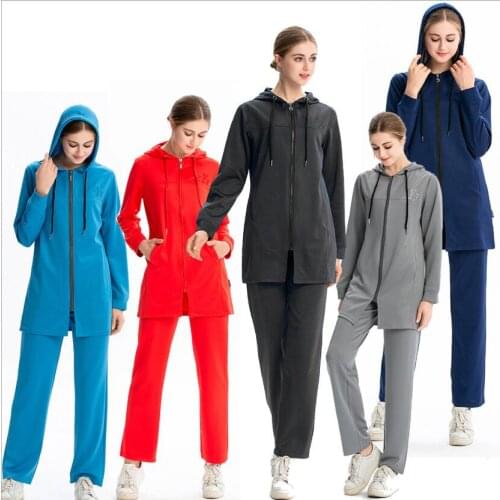 Womens Sports Suit Muslim Modest Jogging Femme Tracksuit Solid Color Workout Hoodie Zipper clothing sports Pocket Sportswear
