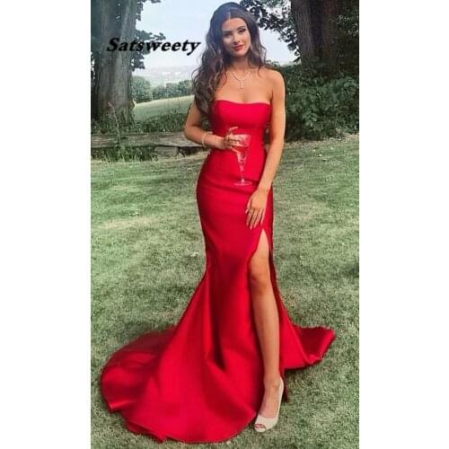 Vestidos De Fiesta Satin Mermaid Evening Dress Long 2021 Sweetheart Side Split Robe De Soiree Suknie Wieczorowe