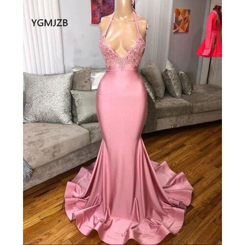 Sexy Deep V-Neck Prom Dresses Long Mermaid Pink 2020 Open Back Lace Beads Elegant Women Formal Evening Dress Party Gala Dress