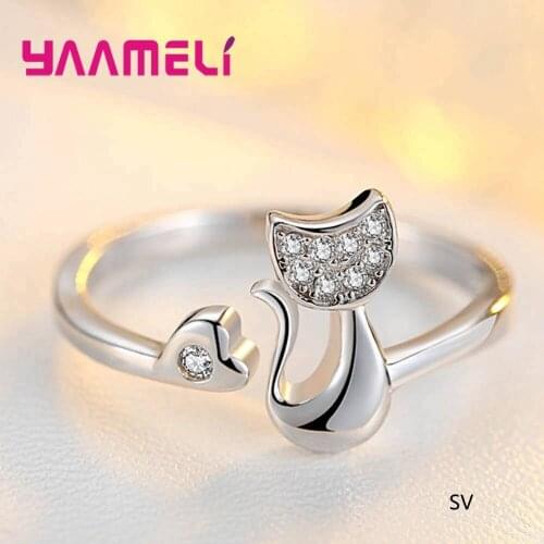Pretty Two Color Opening Finger Rings For Women Good Gift Cubic Zirconia Embellishment Cat Shape 925 Sterling Silver
