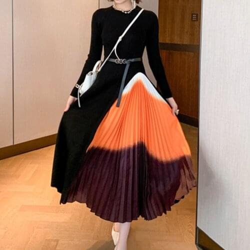 Elegant Pleated Slim Waist Sashes Dresses for Women Gradient Color Stitching Knitted Long Sleeve Vintage Dress Winter