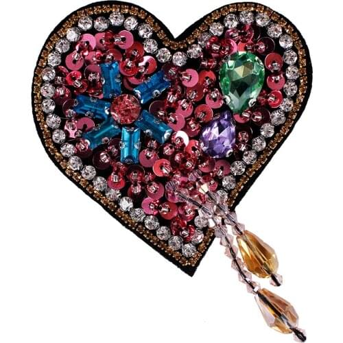 10pieces Rhinestones Heart Fringe Beads Patches Sequins Applique Gold Crystal Diamond Badges Clothes Decorated Craft TH772