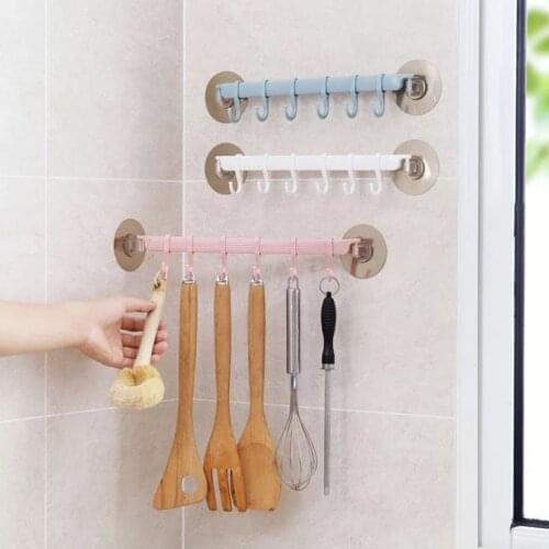 6 Even Row of Hooks Strong Adhesive Hook Kitchen Wall Hanging Bathroom Seamless Rack Hanger Hook Shelves Suction Cup Shelf