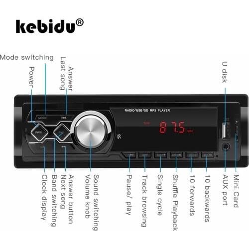 Kebidu Stereo Car MP3 Music Player FM Radio 12V 1 Din In-Dash AUX TF Card USB U Disk Type Audio Output Multimedia Subwoofer