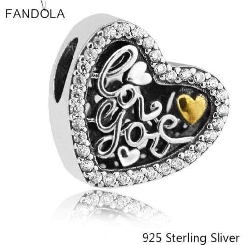 CKK 925 Sterling Silver 14K Gold Love Script Charms Original Fashion Beads Fits For Bracelets Jewelry Making