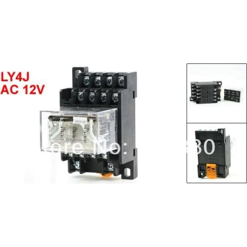 AC 12V Coil 10A 240VAC 28VDC 4PDT 4P2T 35mm DIN Rail General Purpose Electromagnetic Power Relay LY4J w 14 Pin Base Socket