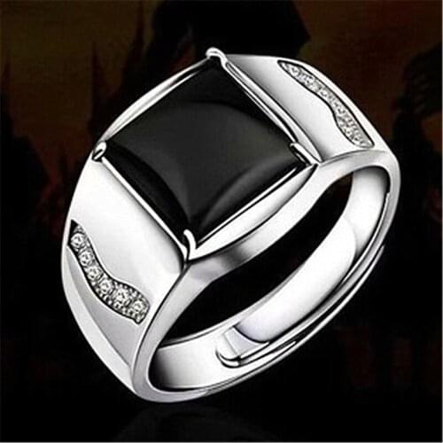 Classic Mens Wedding Ring Domineering Silver Plated Square Black Stone Mens Ring Engagement Jewelry Fashion Accessories