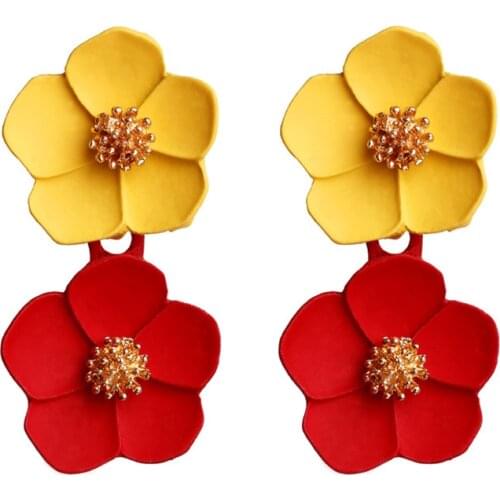 Korean Fashion Charm Double Flower Earrings For Women Enamel Golden Elegant Party Statement Jewelry Brincos Bijoux Gift