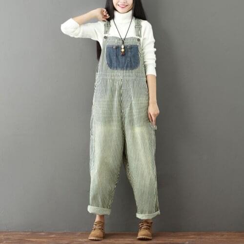 Baggy Bib jean Overalls Vertical Striped Large size drop crotch Trousers Ladies patchwork Pockets Wide Leg Denim Jumpsuits G1