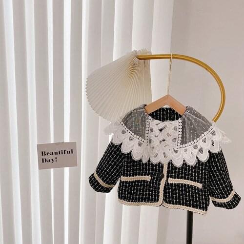 Fashion Girls Kids Plaided Coat Autumn Long Sleeve Sweet Lace Lapel Collar Children Baby Outwear Cardigan Casacos ADK460