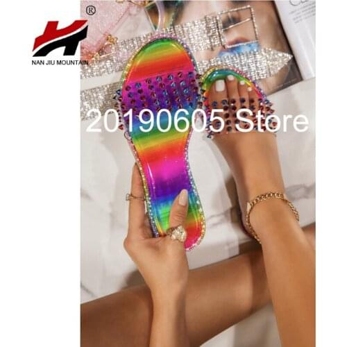 NAN JIU MOUNTAIN 2021 Summer Flat Sandals Rivet Slippers Open Toe Fashion Rhinestone Outdoor Womens Shoes Plus Size 43