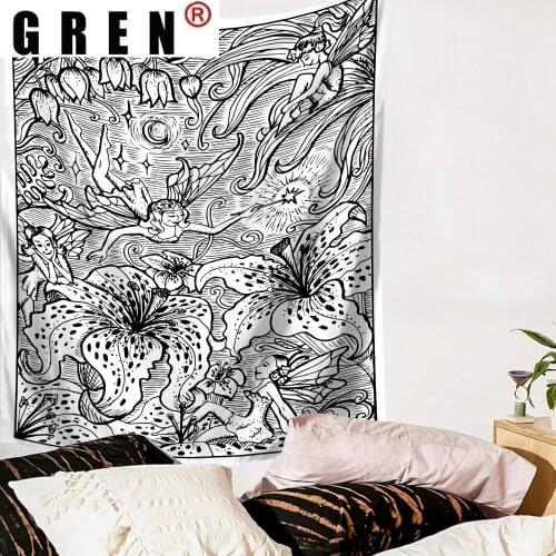GREN Black White Floral Tapestry Wall Hanging Carpet Beach Towel Background Cloth Blanket Yoga Mats Art Bedroom Dorm Home Decor