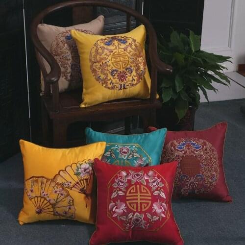 Fishes Embroidery Flowers Classical Chinese Style Cushion Cover Fans Pattern Red Waist Pillowcases Home Sofa Bed Decoration