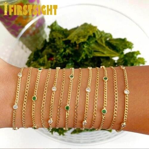 New Silver Color Thin 3mm Curb Link Chain Bracelet For Women 4mm Round CZ Paved Station Bangle Fashion European Women Jewelry