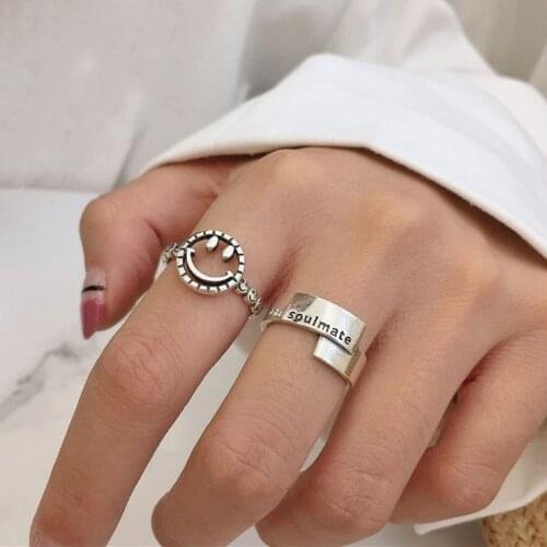 New Trendy Happy Smile Face Ring Jewelry For Women Personality Silver Color Round Adjustable Finger Rings Girls Gift