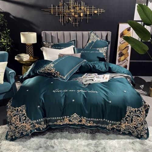Luxury Green Red Pink 100S Egyptian Cotton Gold Embroidery Bedding Set Double Duvet Cover Set Bed Linen Pillowcases Home Textile