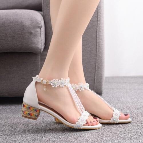 White Women Shoes Summer Sandal Lace Straps Floral Style Sandalias White Female Beach Low Heels