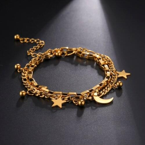 Skyrim Star Moon Beads Double Layers Women Charm Bracelets Stainless Steel Chain Bracelet Jewelry Mother Girls Friends Gift 2021