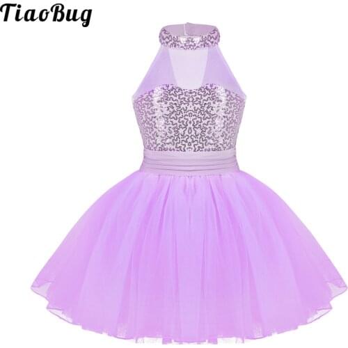 TiaoBug Kids Girls Sleeveless Mesh Splice Sequins Ballet Dance Gymnastics Leotard Dress Stage Costume Clothing