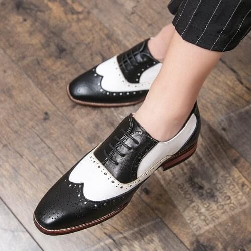 New Luxury Designer Mens Pointed Black With White Patchwork Dress Oxford Shoes Moccasins Wedding Prom Sapato Social Masculino