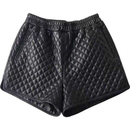Women Shorts 100% Sheepskin Genuine Leather 2021 Fashion Female Short Design A Real Slim Hip Elastic Waistband H805