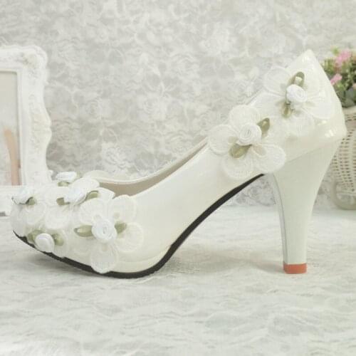 Womens wedding shoes White flower Bride Fashion shoes for woman High heels Pumps New Thin heel Bridal party shoes female