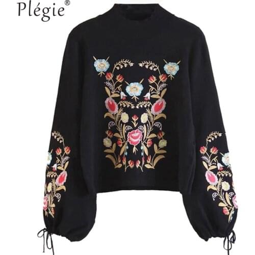 Vintage Chic Floral Embroidery Knitted Sweater Women 2020 Fashion Turtleneck Bow Tie Sleeve Ladies Pullovers Casual Pull Mujer
